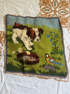 VINTAGE Handmade Needlepoint Puppy & Bird  Tapestry - Green, Blue, Brown